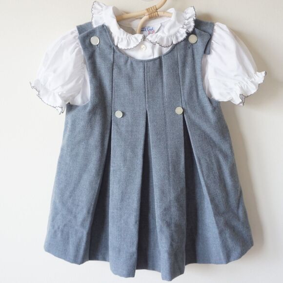 Vintage Good Lad 90s 2-Piece Pleated Tweed Gray Dress & White Blouse Set Sz 3T - Picture 1 of 14